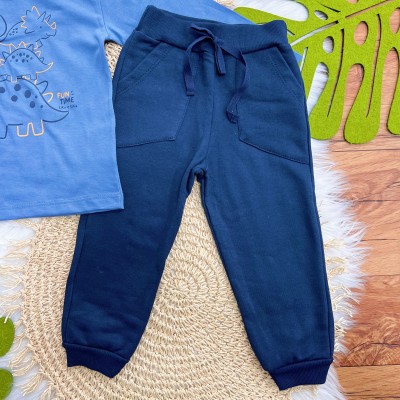 Conj. Blusa Manga Longa Dino Fun Time e Calça de Moletom - Azul Marinho